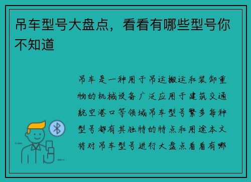 吊车型号大盘点,看看有哪些型号你不知道 吊车型号大盘点,看看有哪些型号你不知道