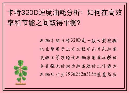 卡特320D速度油耗分析:如何在高效率和节能之间取得平衡? 卡特320D速度油耗分析:如何在高效率和节能之间取得平衡?