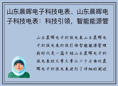 山东晨晖电子科技电表、山东晨晖电子科技电表:科技引领,智能能源管理新时代 山东晨晖电子科技电表、山东晨晖电子科技电表:科技引领,智能能源管理新时代